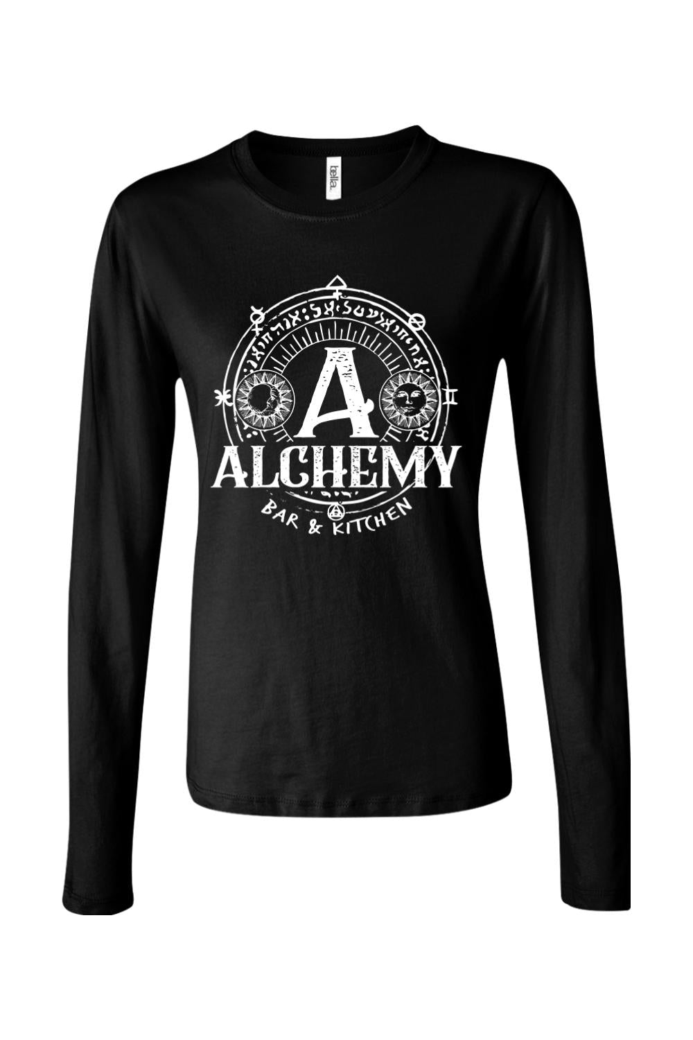 Women's black long-sleeve cotton blend staff t-shirt featuring a white Alchemy Bar & Kitchen circular logo.