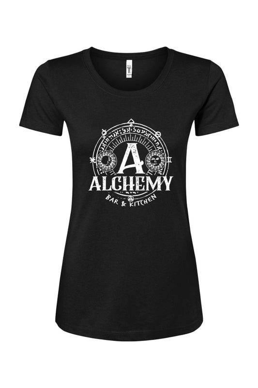Black women's cotton-blend t-shirt featuring a white Alchemy Bar & Kitchen circular logo with sun and moon icons.