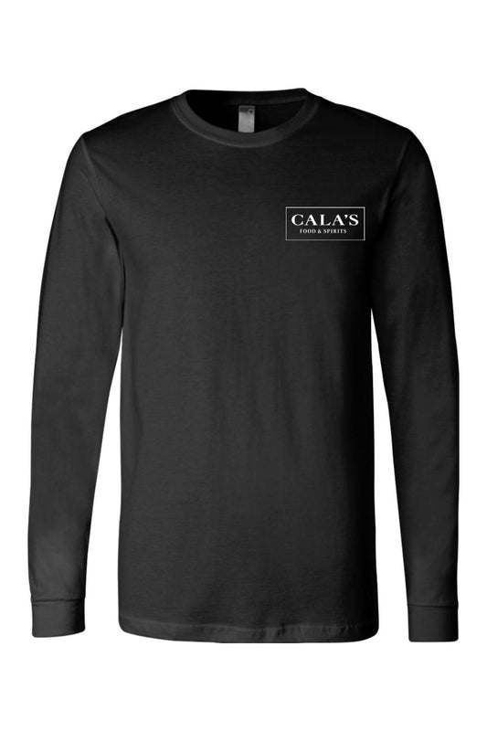 Black long-sleeve cotton crewneck staff uniform shirt featuring a white Cala's Food & Spirits chest logo.