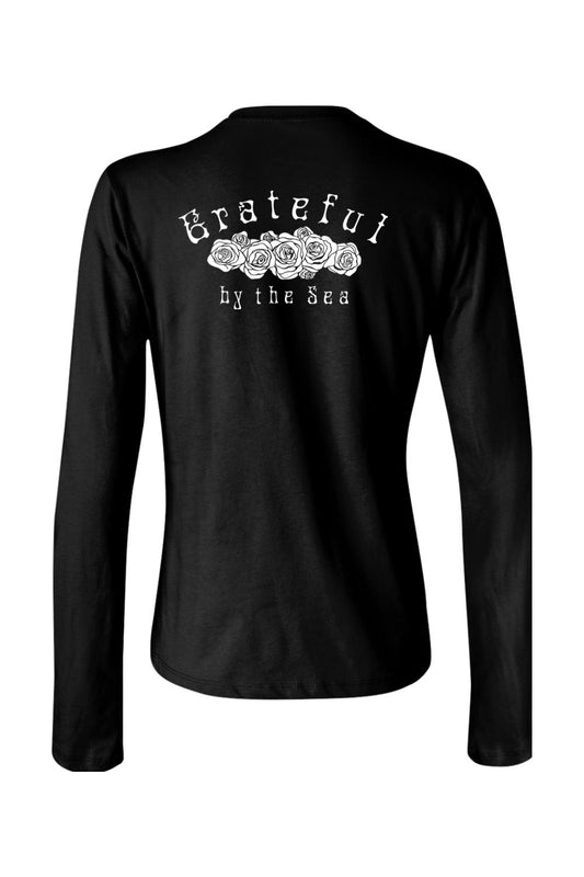 Black long-sleeve cotton t-shirt featuring a white Grateful by the Sea rose graphic on the back.
