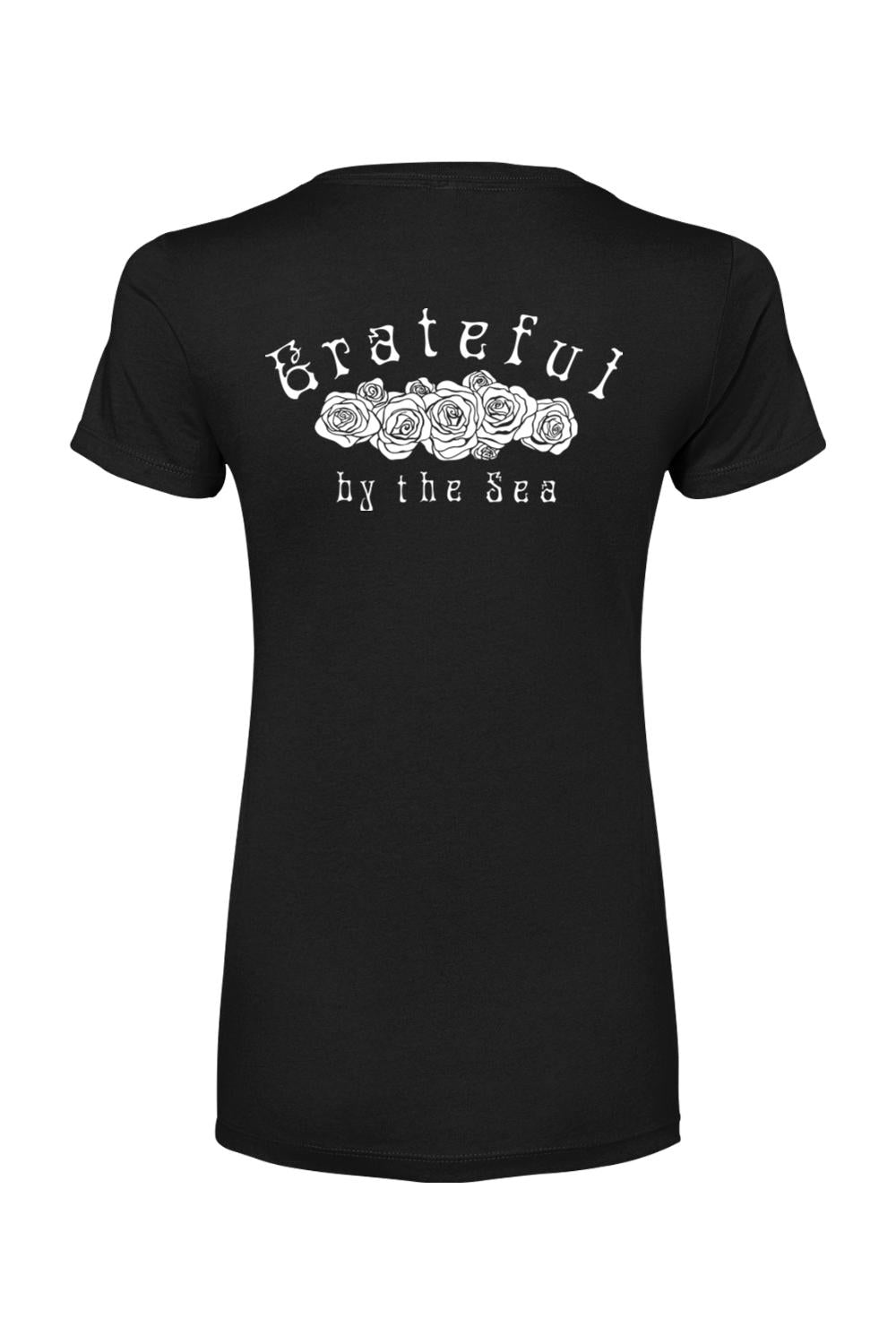 Black women's cotton blend t-shirt featuring a white Grateful By The Sea rose graphic on the back.