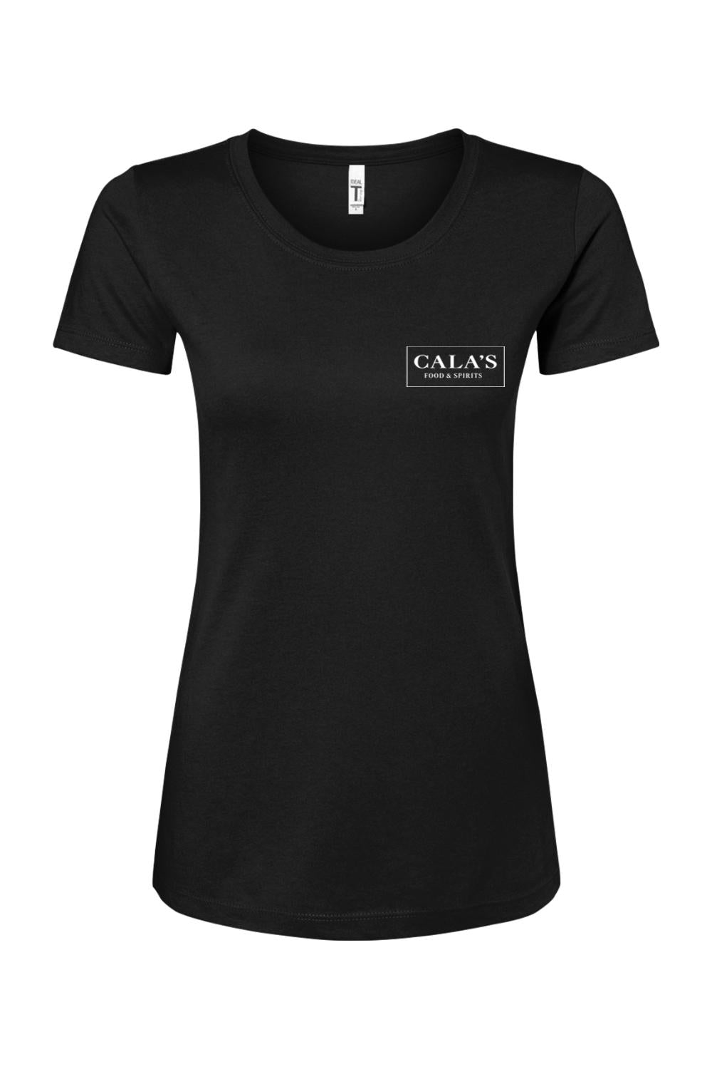 Black women's cotton blend crewneck t-shirt featuring a white Cala's Food & Spirits logo on the chest.