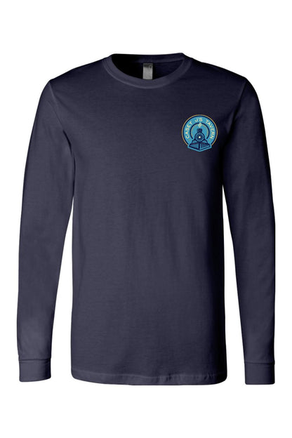 Navy blue long sleeve cotton t-shirt featuring a Casey J's Tavern train logo on the left chest.