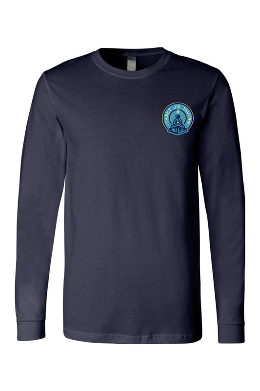 Navy blue long sleeve cotton t-shirt featuring a Casey J's Tavern train logo on the left chest.