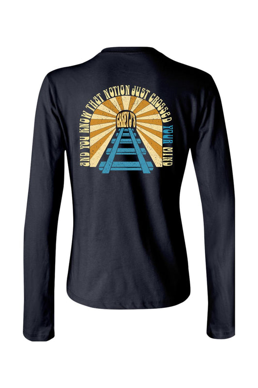 Black women's long sleeve cotton t-shirt featuring a vintage Casey J's Tavern railroad graphic on the back.