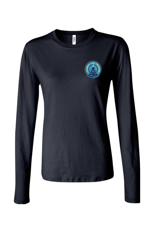 Women's black long-sleeve cotton t-shirt featuring a Casey J's Tavern train logo on the left chest.