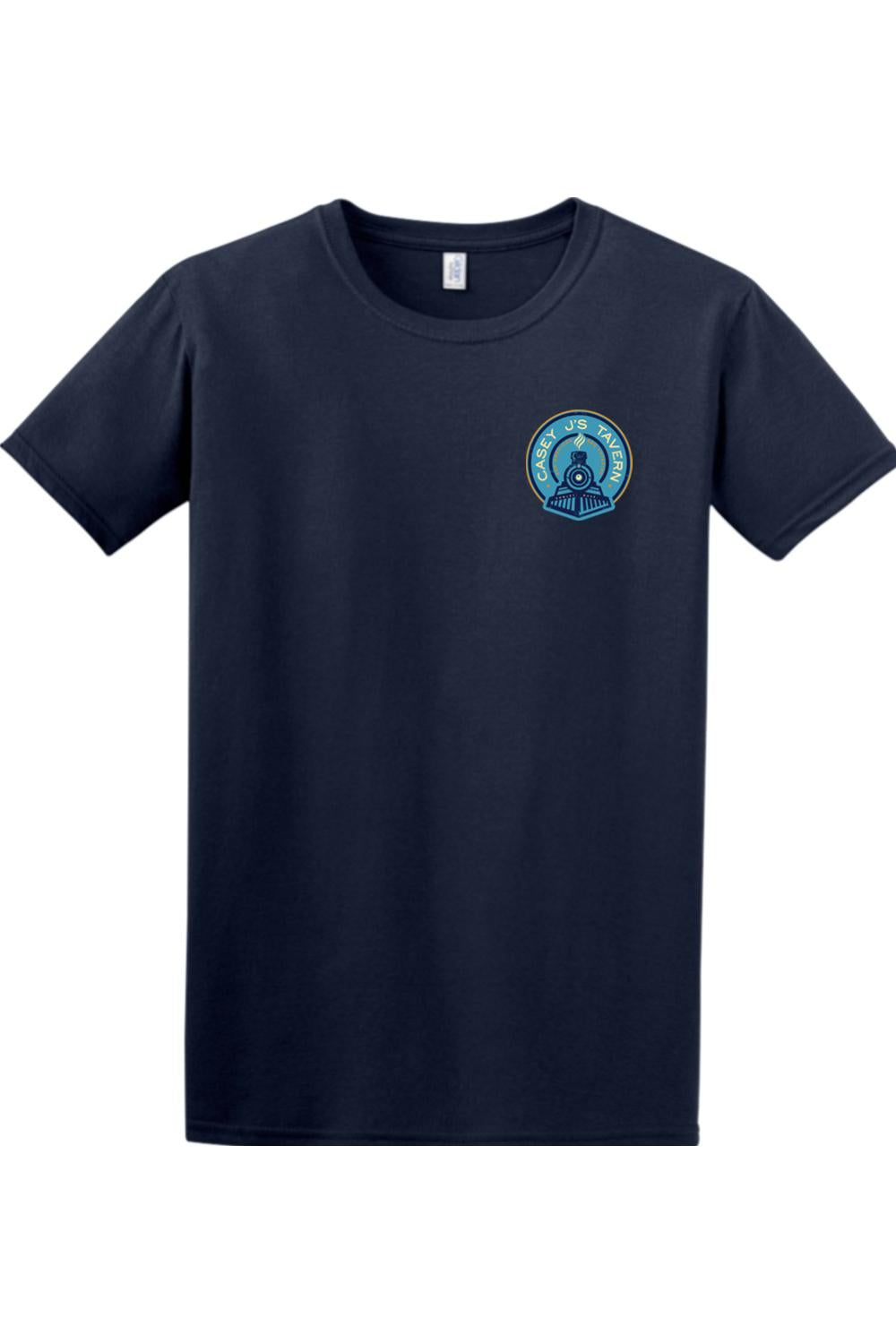 Navy blue 100% cotton men's crew neck t-shirt featuring a Casey J's Tavern train logo on the left chest.