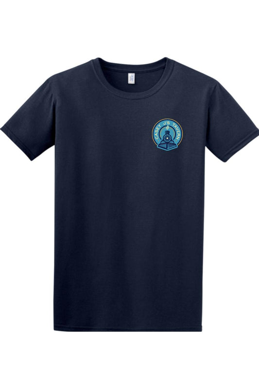 Navy blue 100% cotton men's crew neck t-shirt featuring a Casey J's Tavern train logo on the left chest.