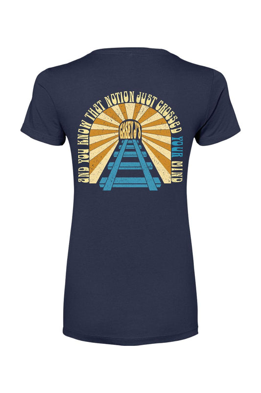 Navy blue women's cotton-blend t-shirt featuring a vintage Casey J's Tavern railroad graphic on the back.