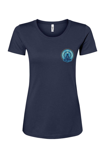 Navy blue women's cotton blend crewneck t-shirt with Casey J's Tavern train logo on the left chest.