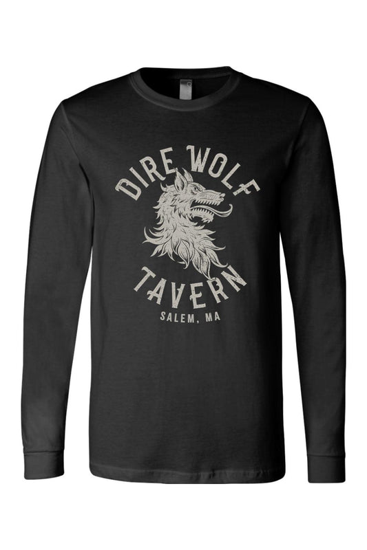 Black long-sleeve cotton t-shirt featuring a white Dire Wolf Tavern logo graphic on the chest.