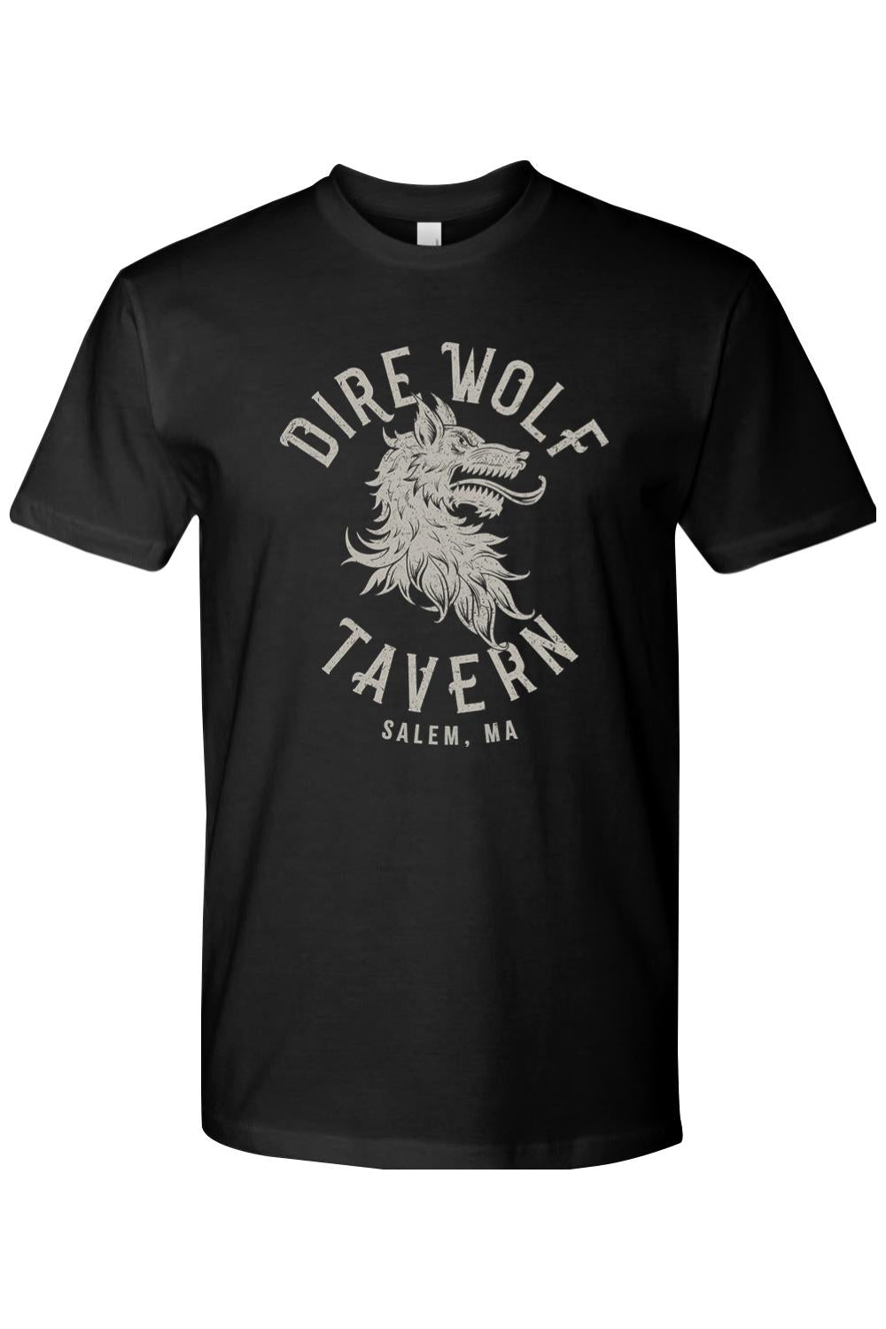 Black cotton crew neck t-shirt featuring a distressed white Dire Wolf Tavern logo on the chest.