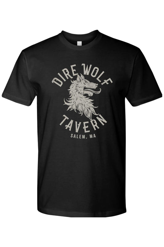 Black cotton crew neck t-shirt featuring a distressed white Dire Wolf Tavern logo on the chest.
