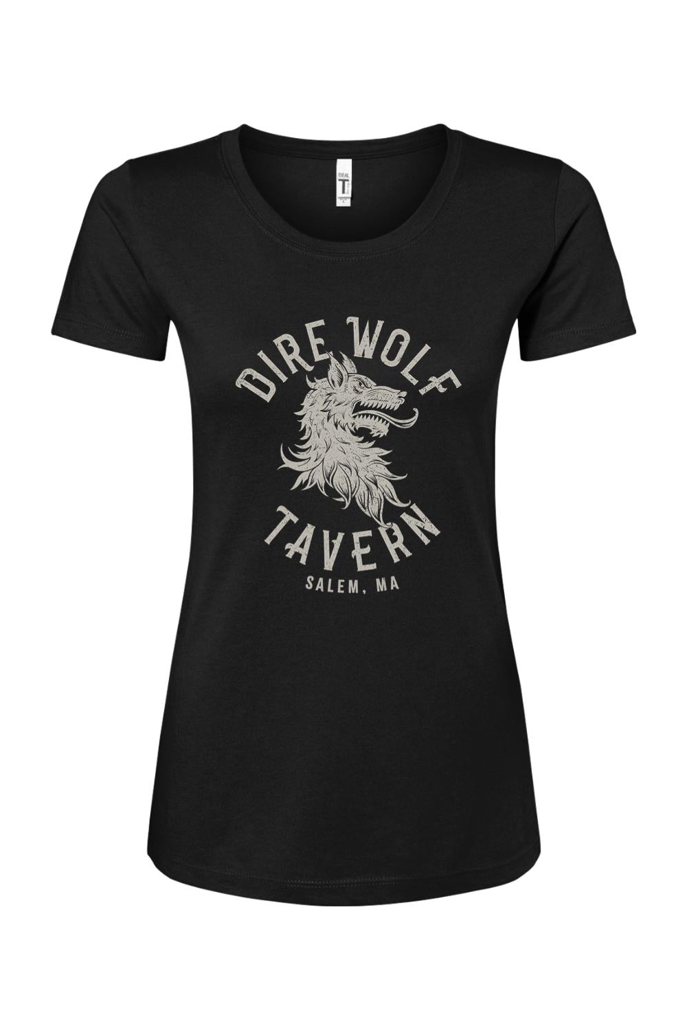 Black women's cotton-blend t-shirt featuring a grey Dire Wolf Tavern logo graphic on the chest.