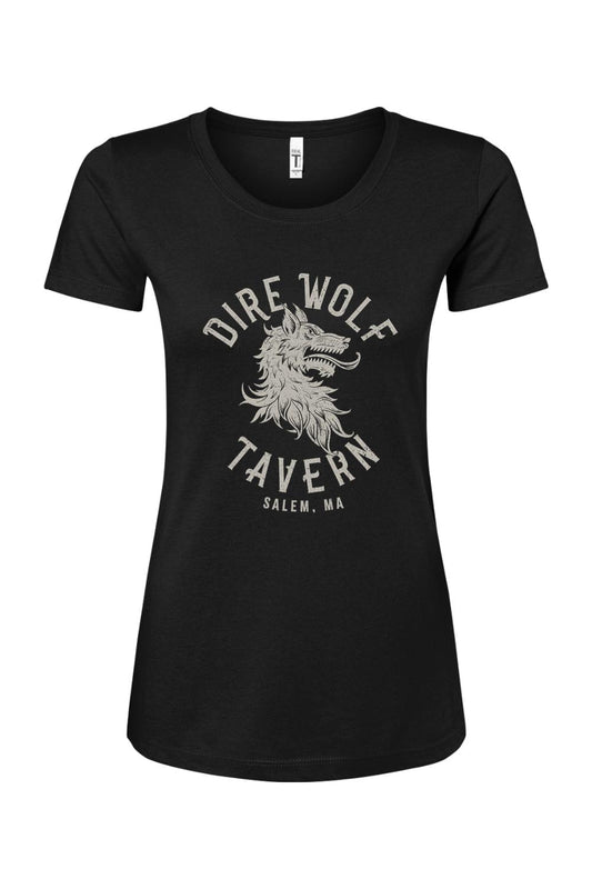 Black women's cotton-blend t-shirt featuring a grey Dire Wolf Tavern logo graphic on the chest.