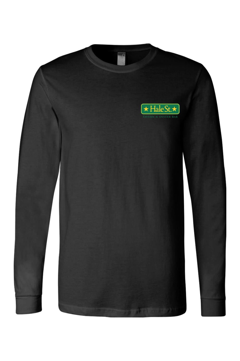 Black long-sleeve cotton crewneck t-shirt featuring a green and yellow Hale St. Tavern & Oyster Bar logo on the chest.