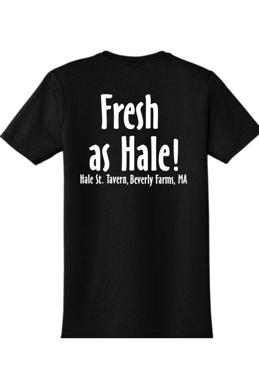 Black cotton crew neck t-shirt featuring the white text Fresh as Hale and Hale St. Tavern, Beverly Farms, MA.