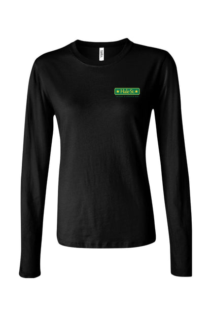 Black women's long sleeve crewneck t-shirt featuring a green Hale St. Tavern & Oyster Bar logo on the chest.