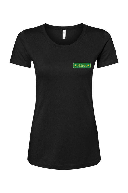 Black women's cotton blend crew neck t-shirt featuring a green and yellow Hale St. Tavern & Oyster Bar logo.