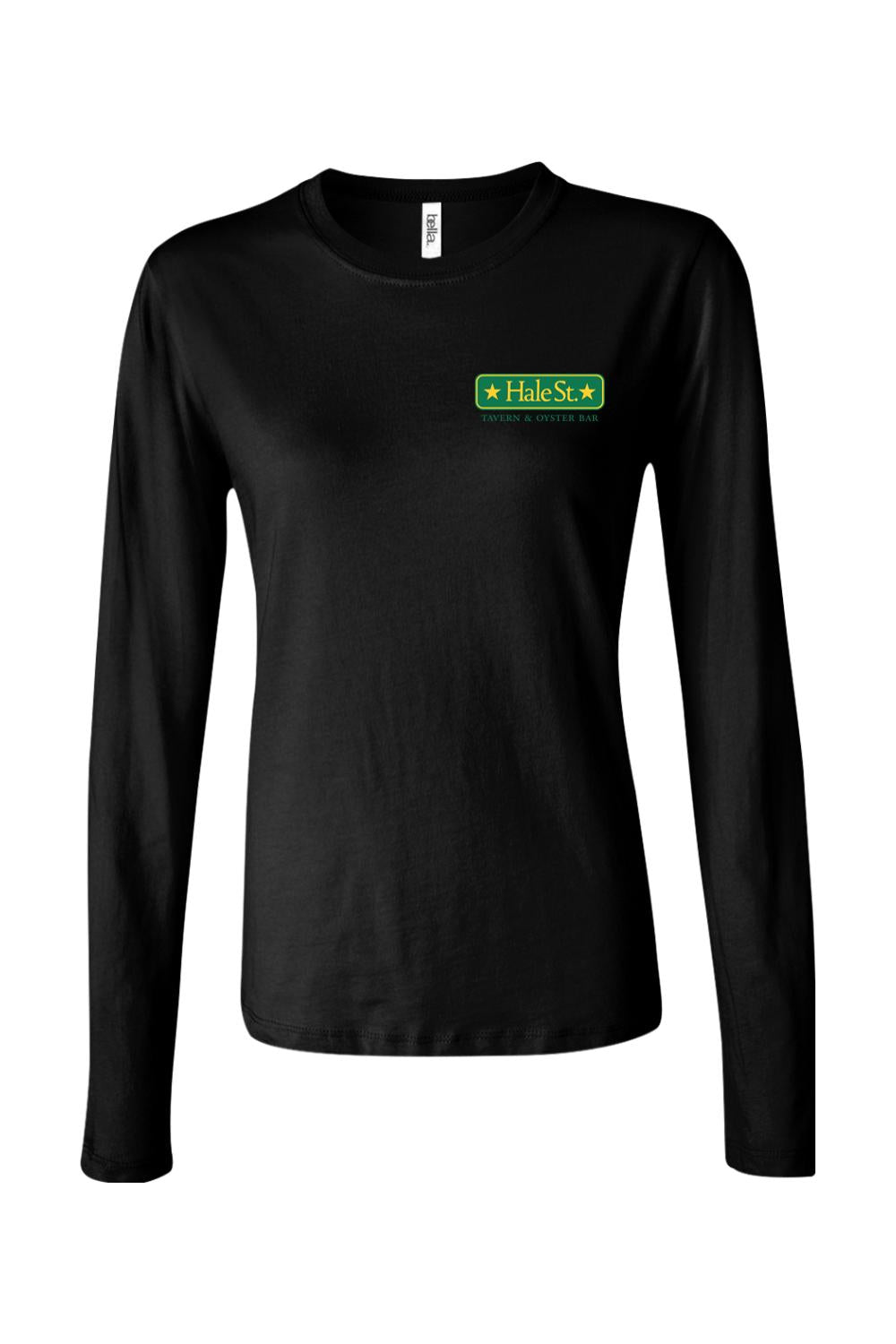 Black women's long sleeve crewneck t-shirt featuring a green and yellow Hale St. Tavern & Oyster Bar logo.