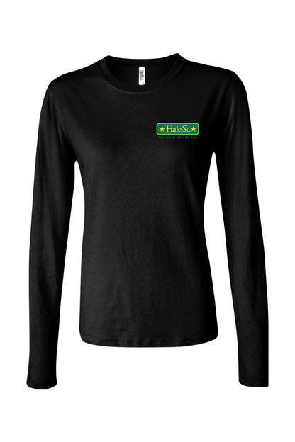 Black women's long sleeve crewneck t-shirt featuring a green and yellow Hale St. Tavern & Oyster Bar logo.