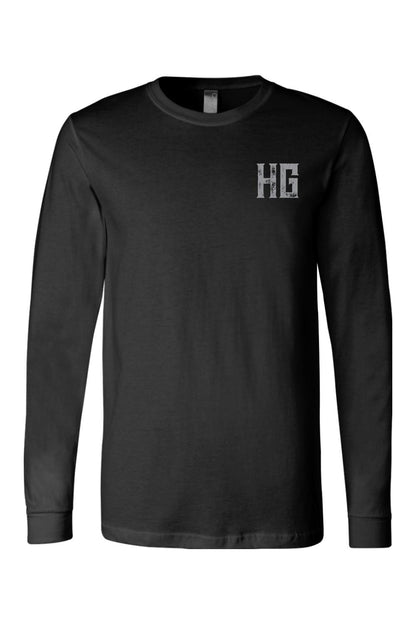 Black long sleeve cotton crewneck t-shirt featuring a distressed white HG logo on the left chest.