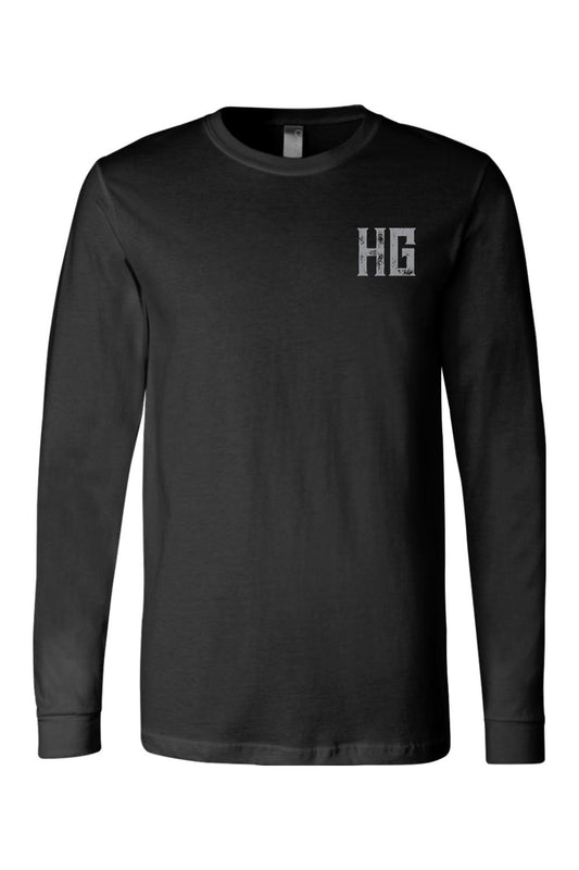 Black long sleeve cotton crewneck t-shirt featuring a distressed white HG logo on the left chest.