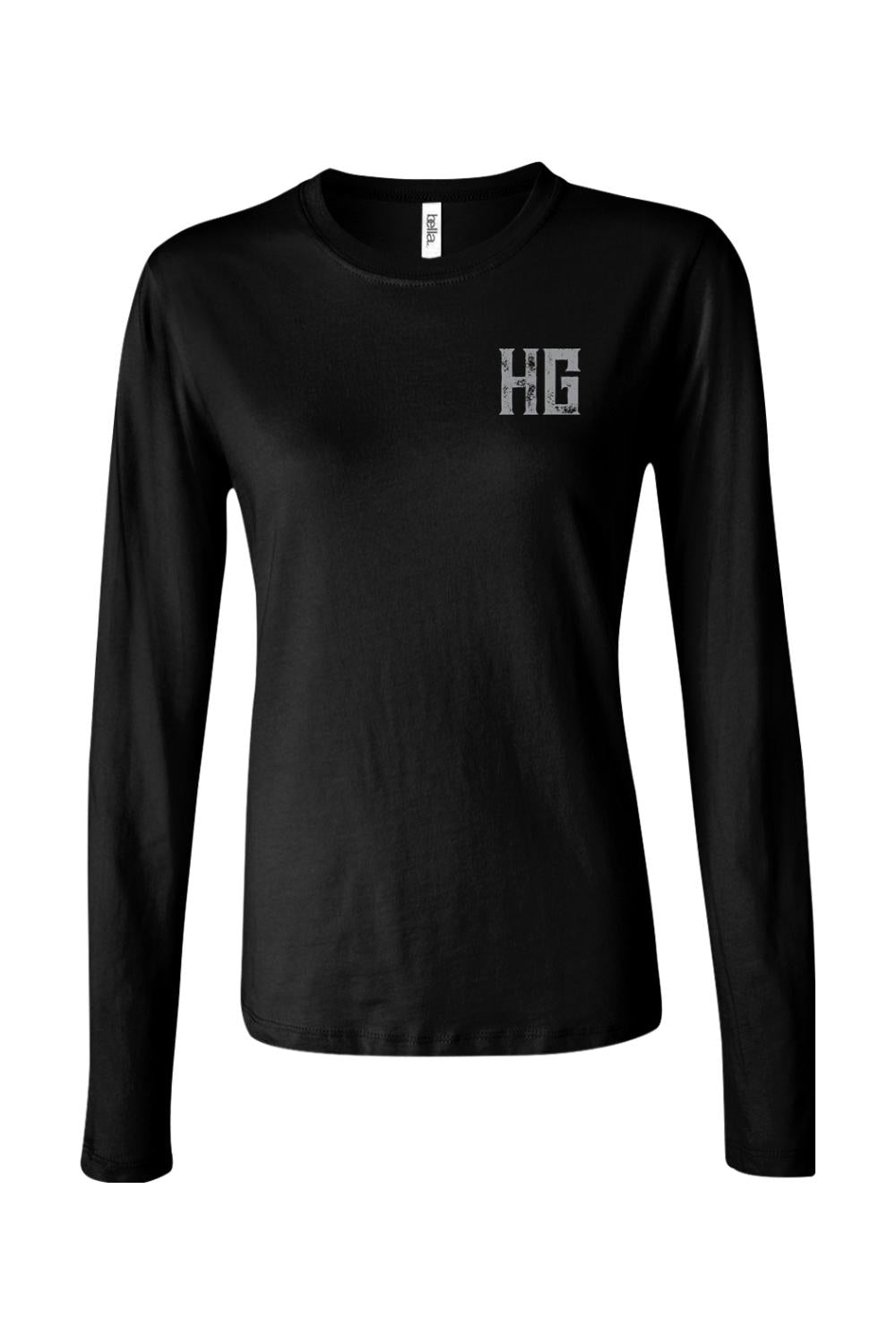 Women's black long sleeve cotton crewneck t-shirt featuring a distressed white HG logo on the left chest.