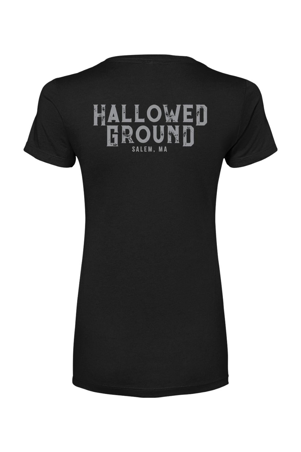 Black women's cotton blend t-shirt featuring a distressed gray Hallowed Ground Salem, MA logo on the back.