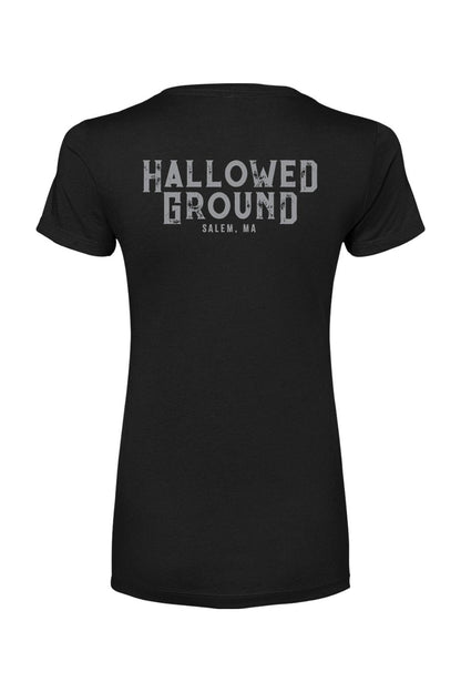 Black women's cotton blend t-shirt featuring a distressed gray Hallowed Ground Salem, MA logo on the back.