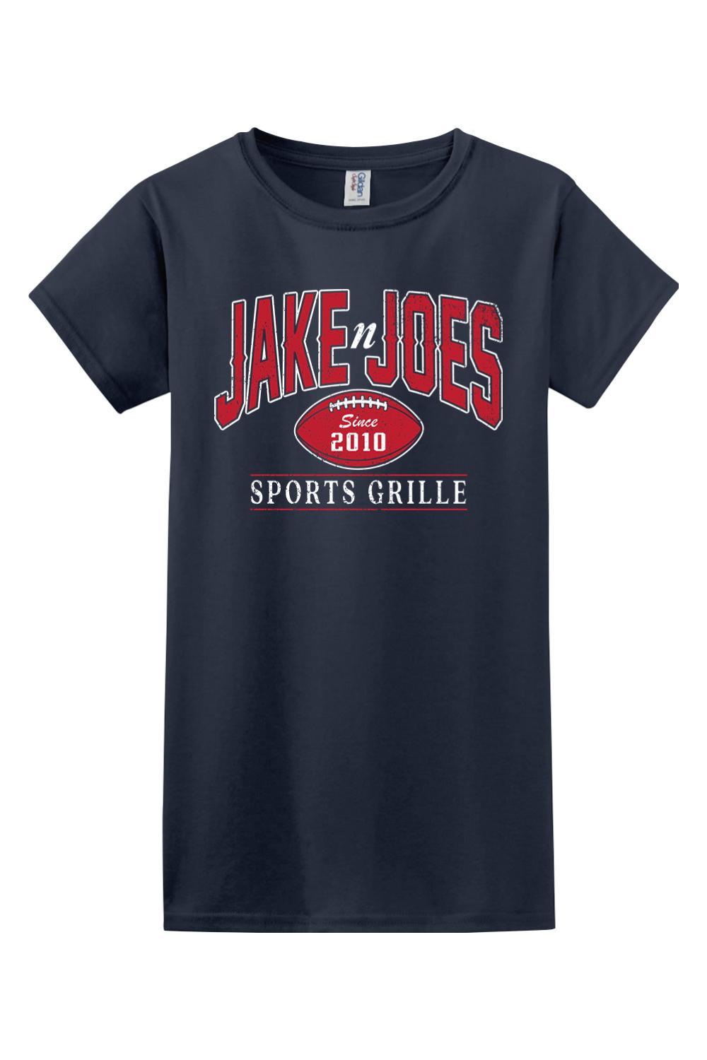 Navy blue women's cotton t-shirt featuring a red and white Jake n JOES Sports Grille logo with a football graphic.