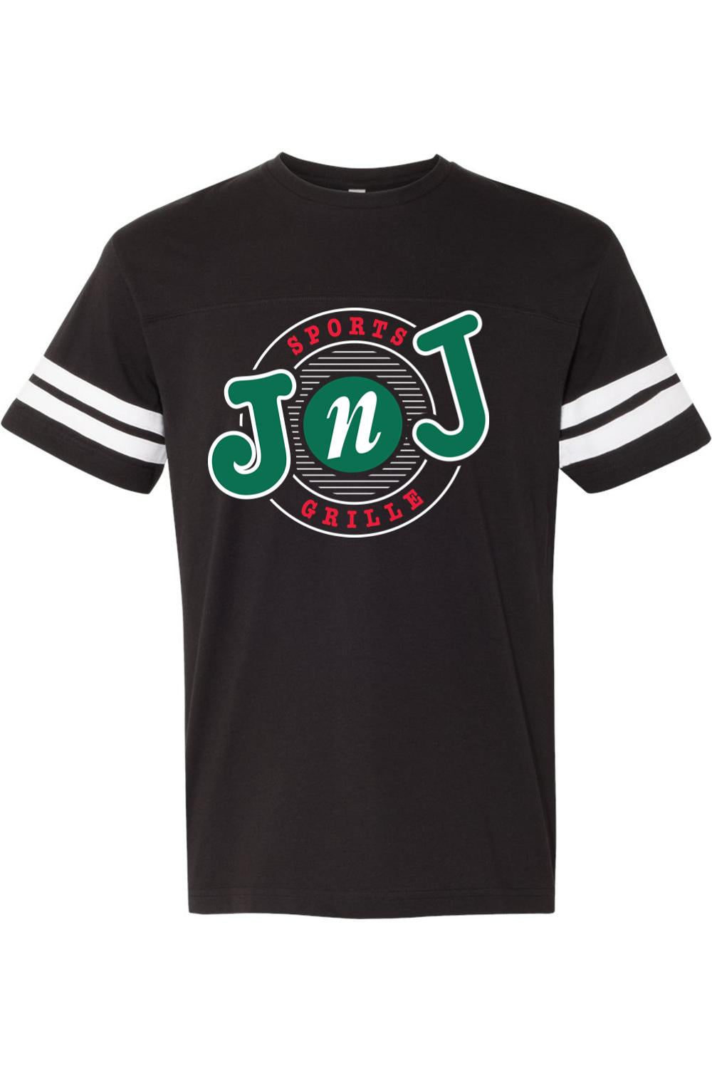 Black cotton football-style t-shirt with white striped sleeves and a retro Jake n JOES circular logo on the chest.