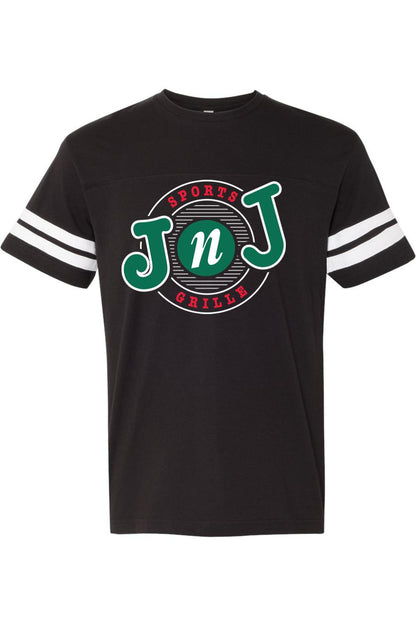 Black cotton football-style t-shirt with white striped sleeves and a retro Jake n JOES circular logo on the chest.