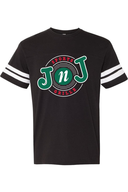 Black cotton football-style t-shirt with white striped sleeves and a retro Jake n JOES circular logo on the chest.