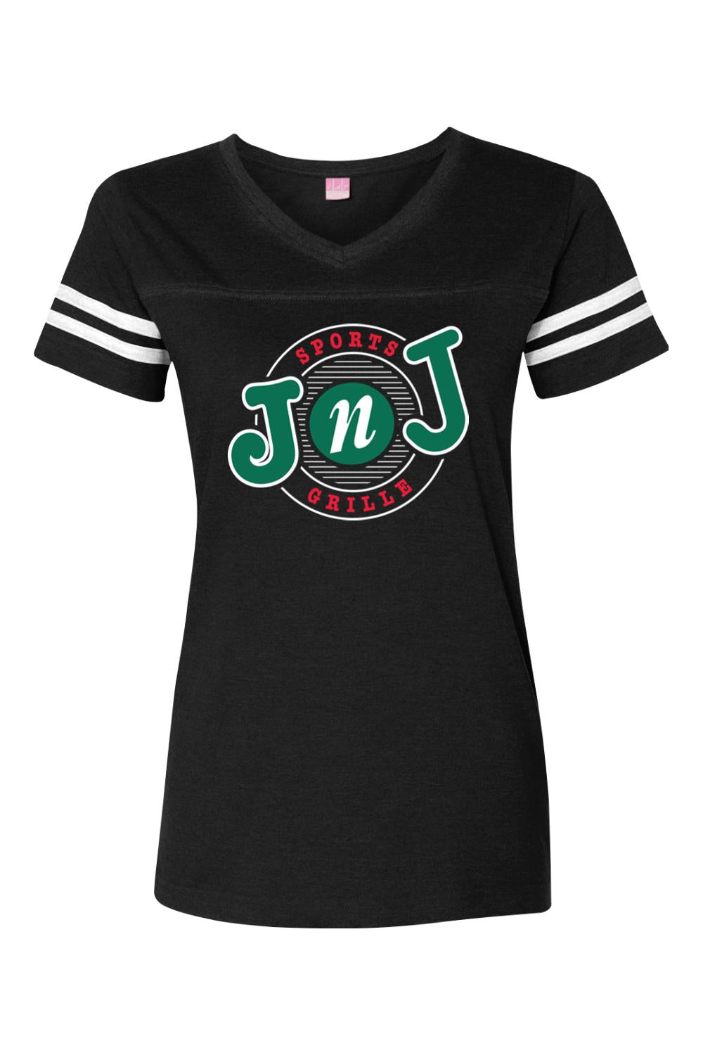 Black women's V-neck cotton football jersey with white sleeve stripes and a retro Jake n JOES circular logo.