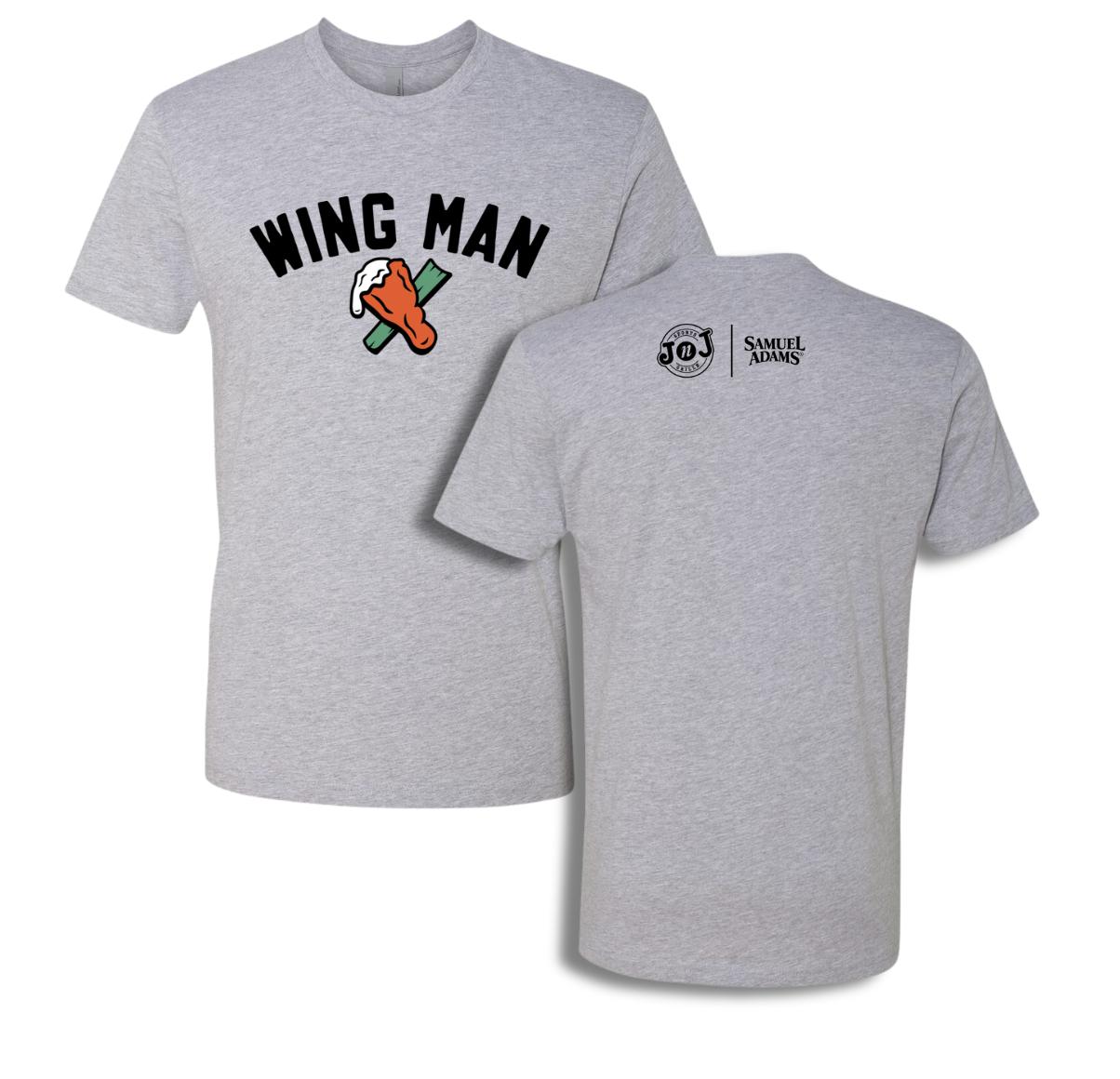 Grey cotton crewneck t-shirt featuring Wing Man graphic on front and Jake n JOES Sam Adams logos on the back.