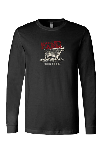 Black long-sleeve cotton t-shirt featuring a Maggie's Farm sheep graphic with red text and Cool Food slogan.