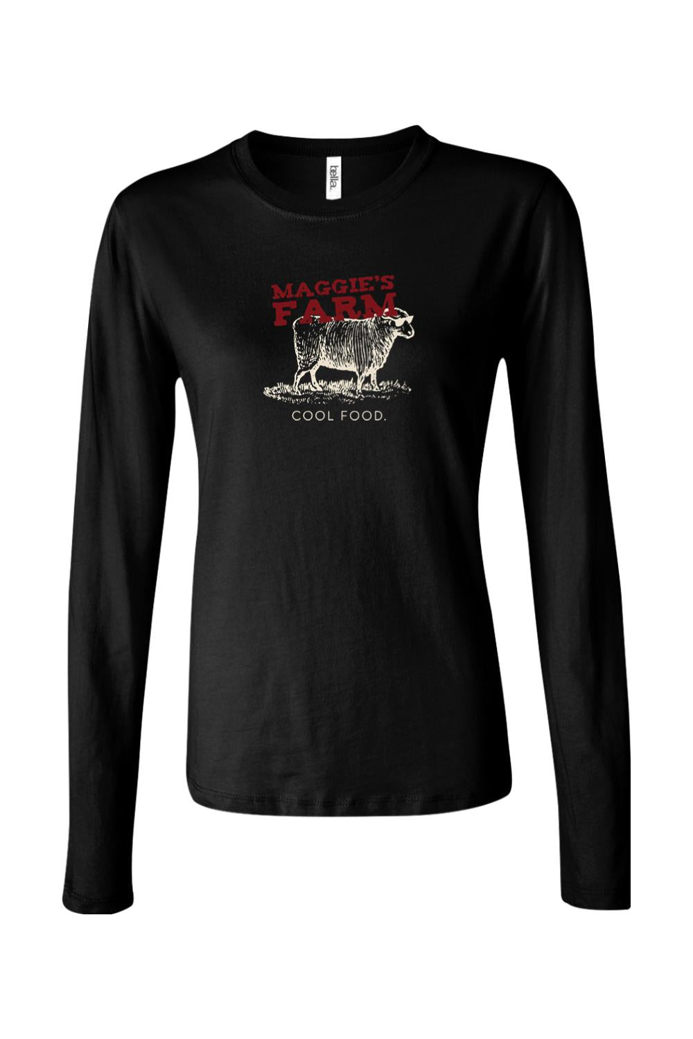 Black long-sleeve cotton t-shirt featuring a Maggie's Farm graphic with a sheep illustration and Cool Food text.