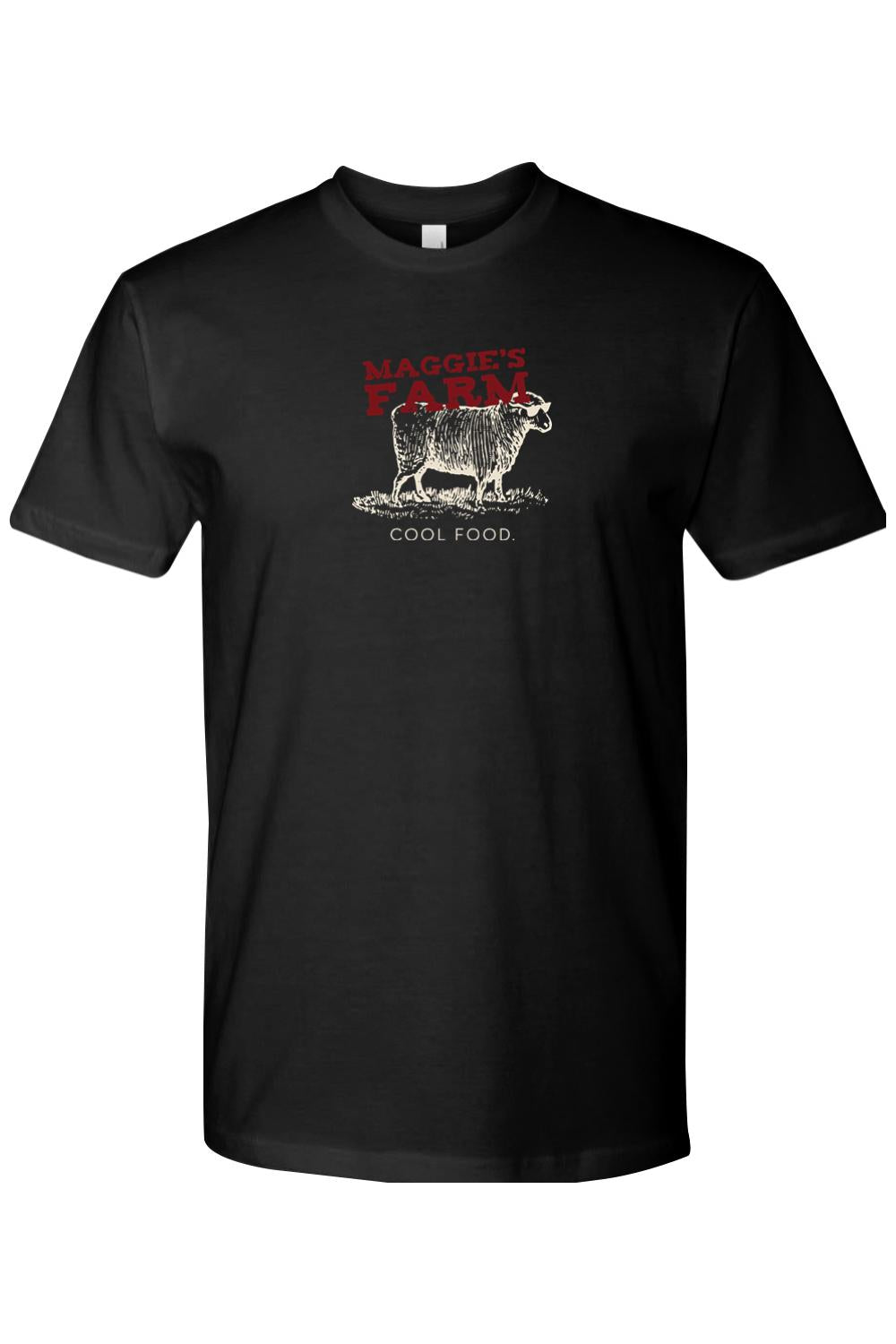 Black cotton crew neck t-shirt featuring a Maggie's Farm logo with a sheep graphic and the text Cool Food.