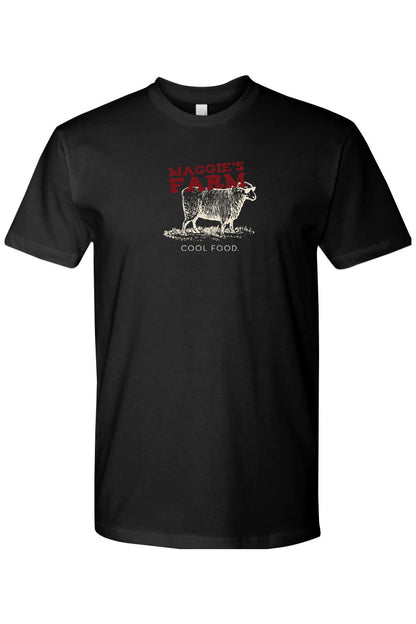 Black cotton crew neck t-shirt featuring a Maggie's Farm logo with a sheep graphic and the text Cool Food.