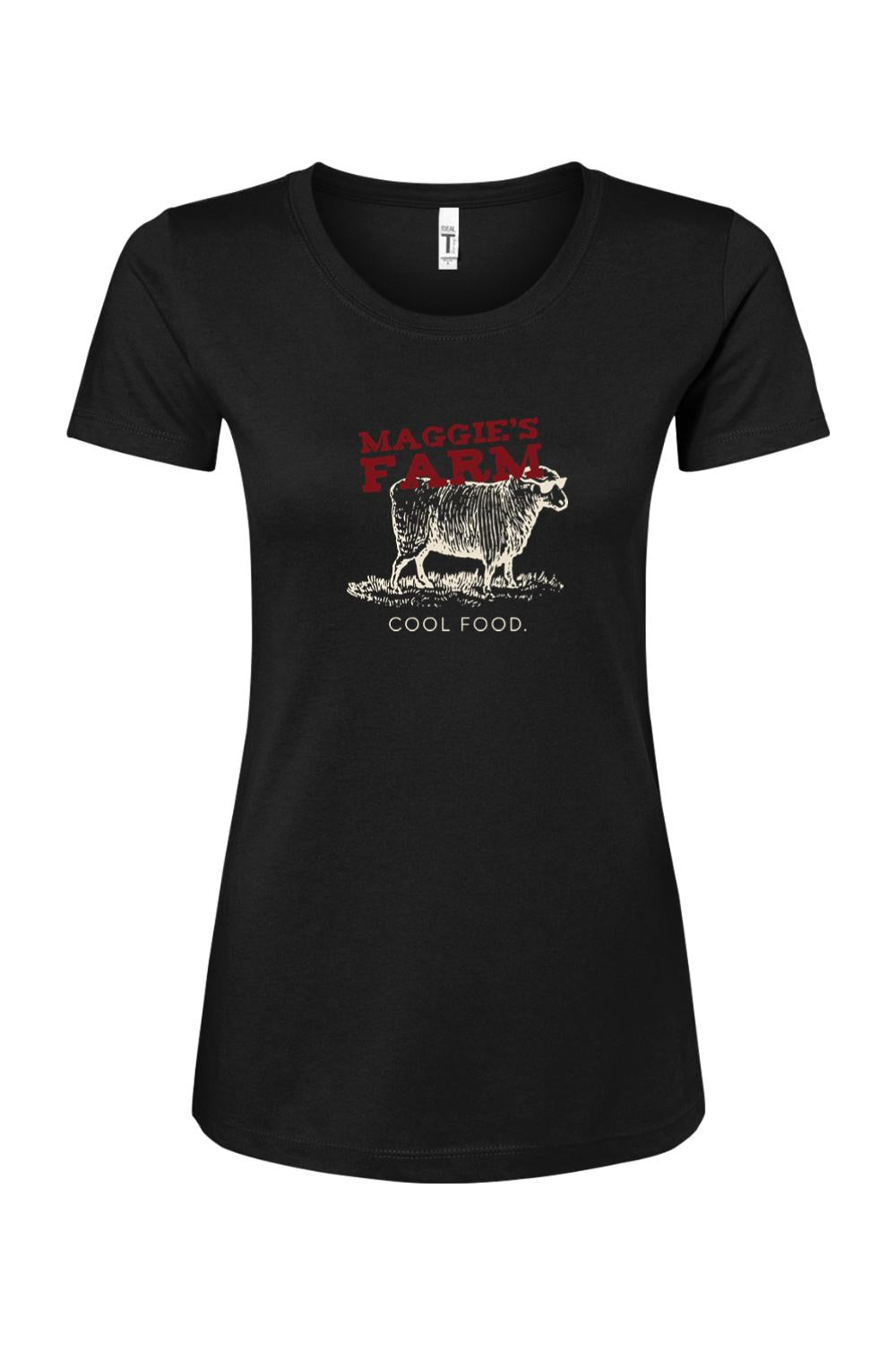 Black women's cotton blend t-shirt featuring a Maggie's Farm logo with a sheep graphic and Cool Food text.