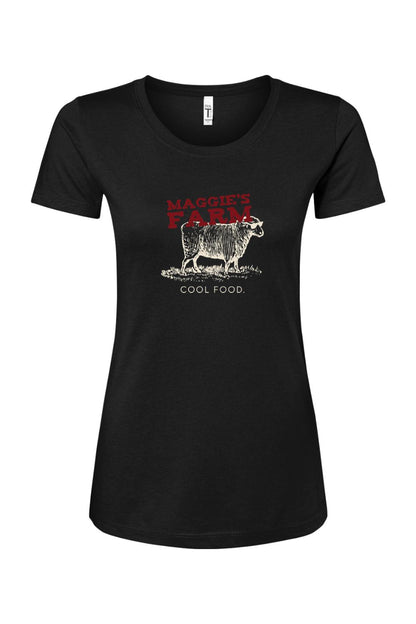 Black women's cotton blend t-shirt featuring a Maggie's Farm logo with a sheep graphic and Cool Food text.