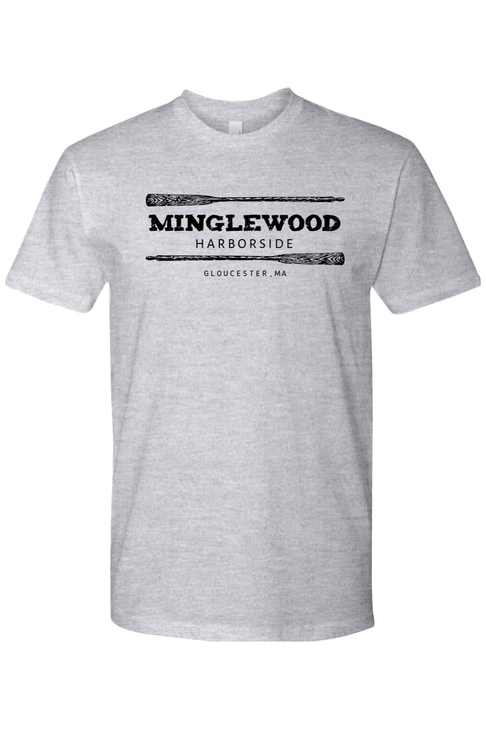 Grey cotton crewneck t-shirt featuring a black Minglewood Harborside logo with oar graphics and Gloucester, MA text.