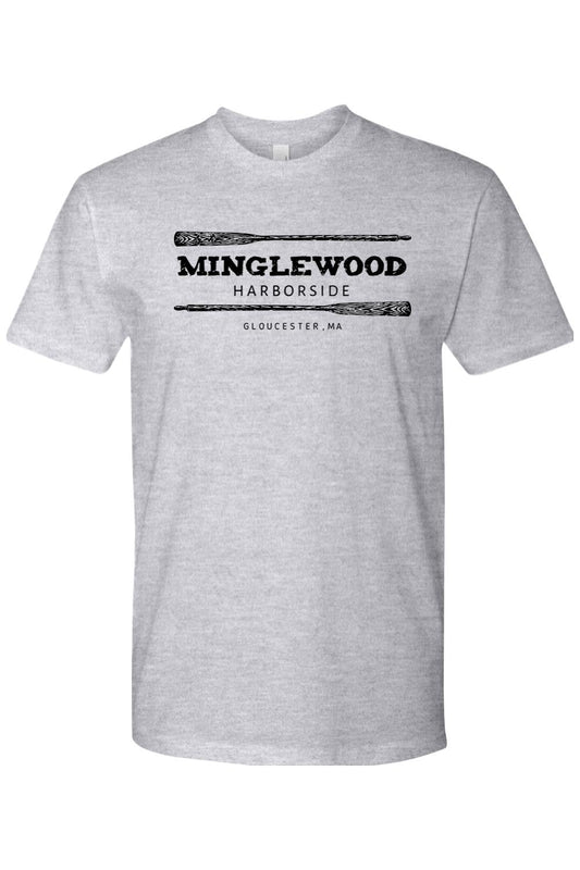 Grey cotton crewneck t-shirt featuring a black Minglewood Harborside logo with oar graphics and Gloucester, MA text.