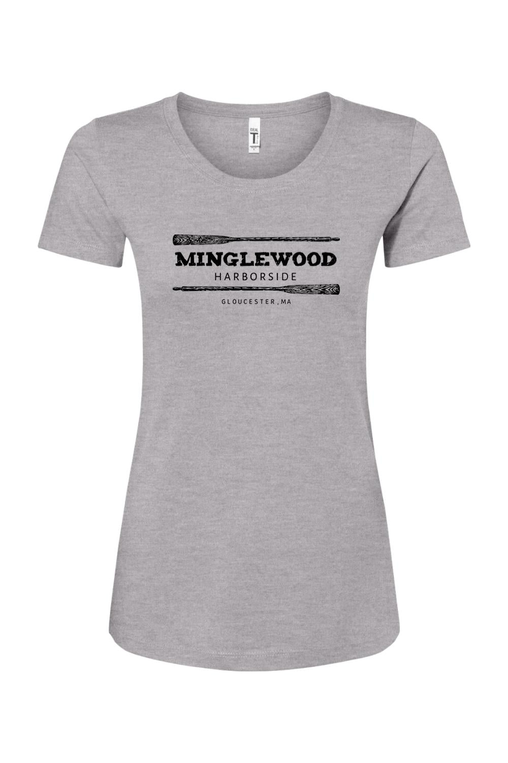 Grey women's cotton blend t-shirt featuring a black Minglewood Harborside logo with oar graphics.