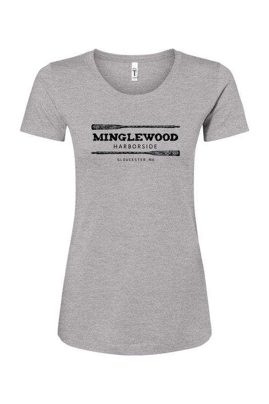 Grey women's cotton blend t-shirt featuring a black Minglewood Harborside logo with oar graphics.