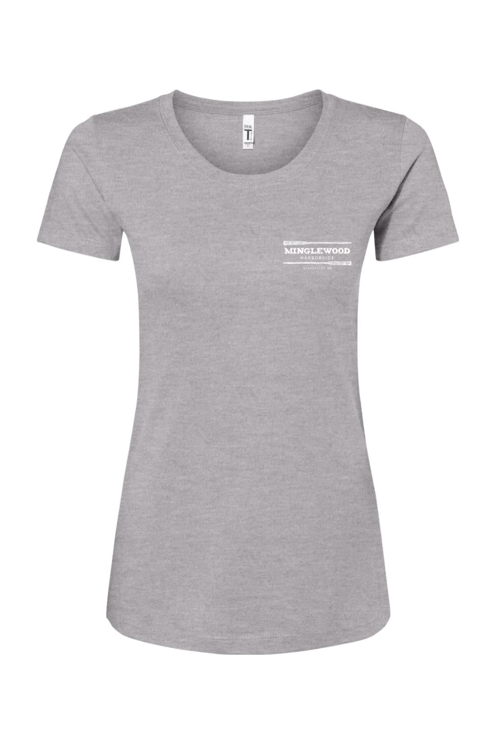 Grey women's cotton blend crewneck t-shirt featuring a white Minglewood Harborside logo printed on the left chest.