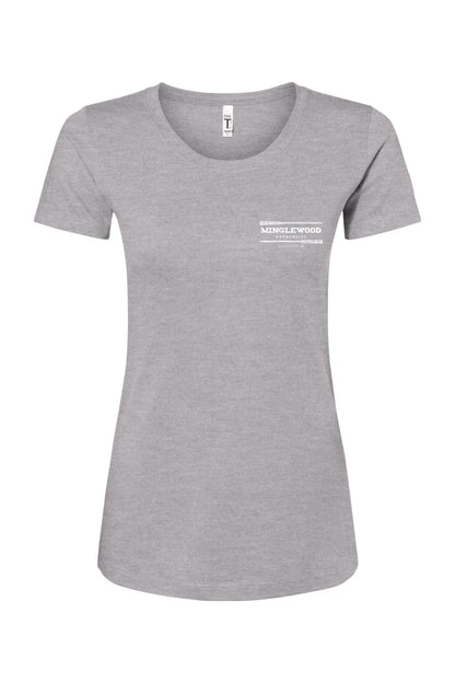 Grey women's cotton blend crewneck t-shirt featuring a white Minglewood Harborside logo printed on the left chest.