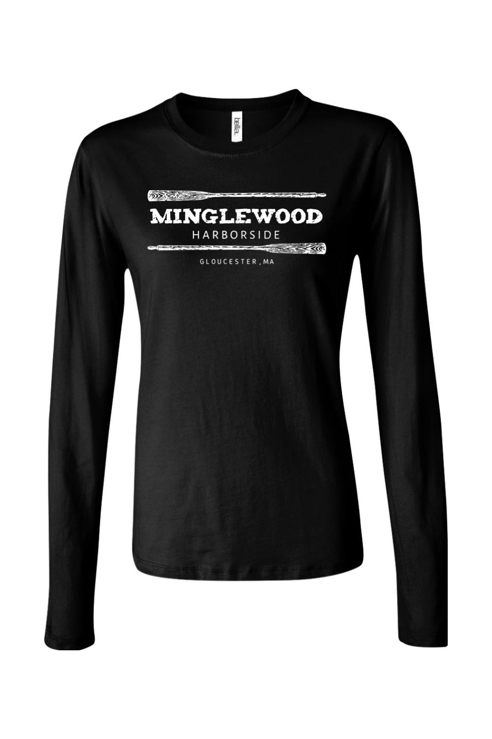 Women's black long-sleeve cotton t-shirt featuring a white Minglewood Harborside logo with oar graphics.