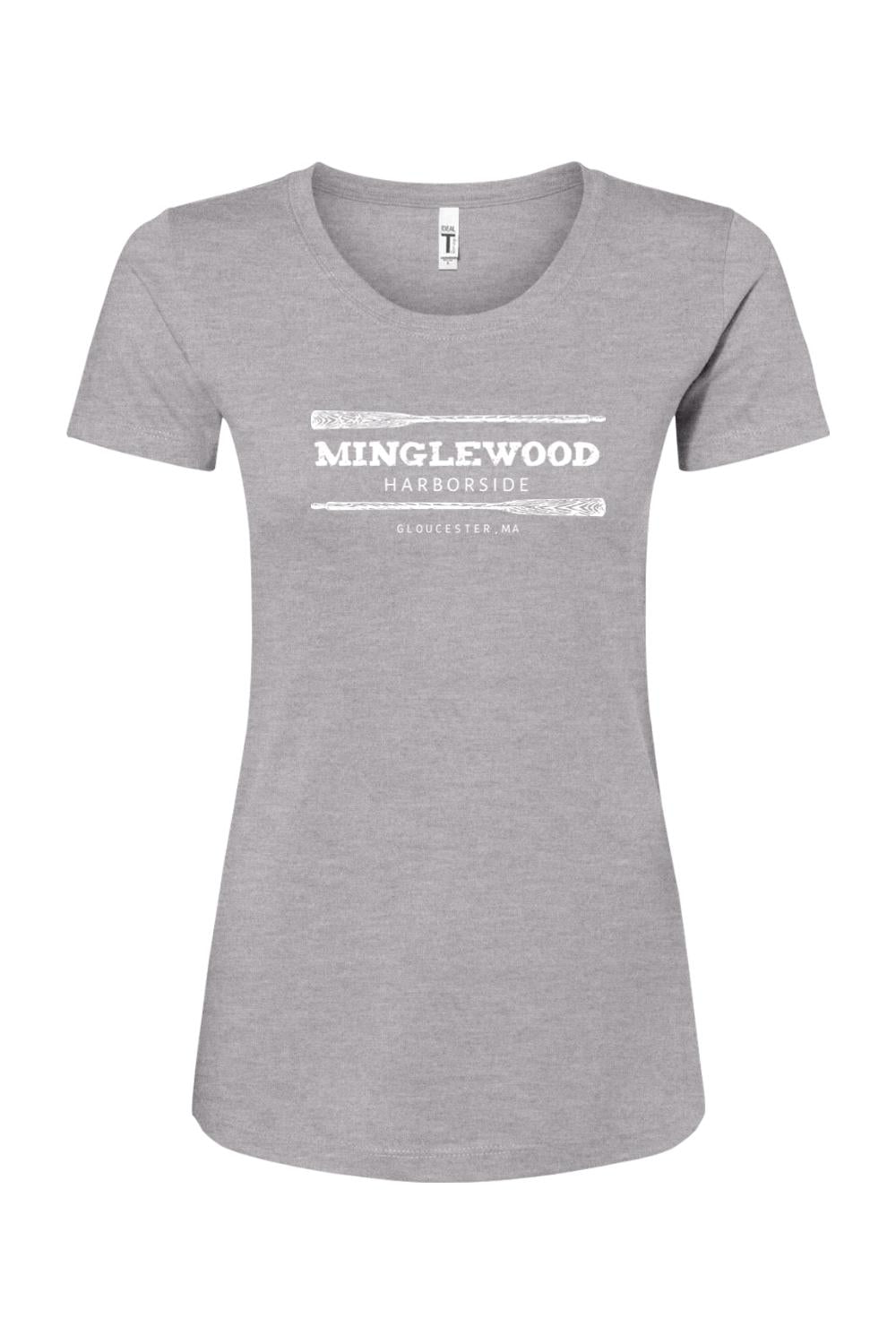 Heather grey women's cotton blend crewneck t-shirt featuring a white Minglewood Harborside logo with oar graphics.
